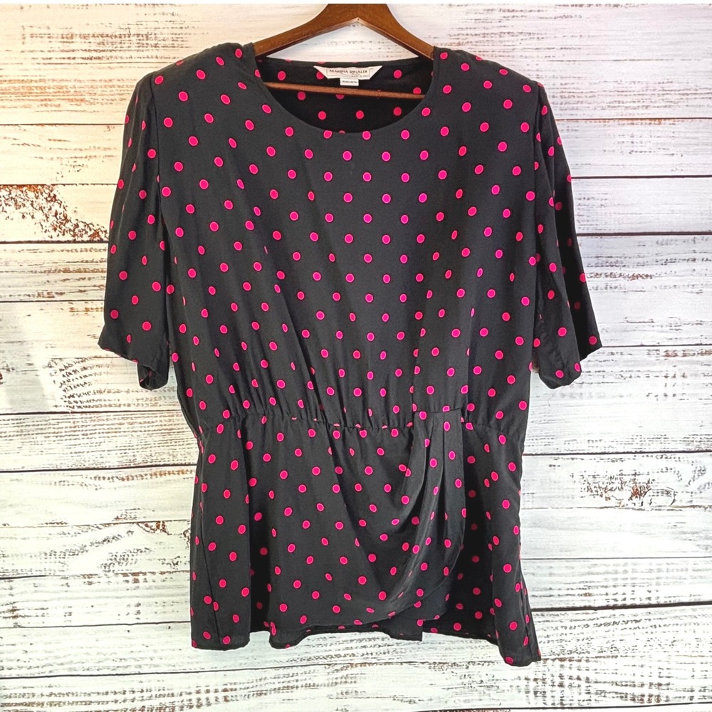 Vintage 100% Silk Blouse 1X/2X Peplum Black Pink Polka Dot Retro Pinup Italy